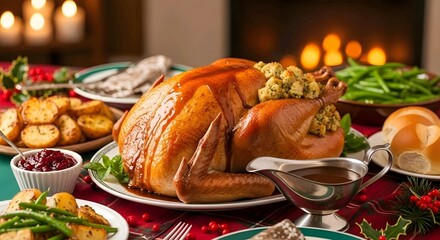 A festive table setting with a roasted turkey, side dishes, and a warm fireplace ambiance in the background. AI Generated