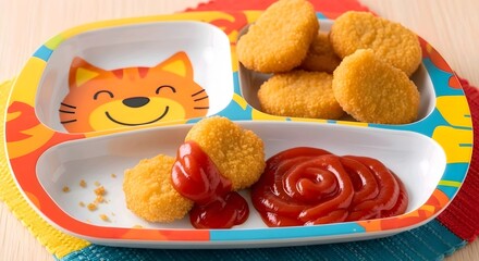 A colorful plate with a cartoon cat face, containing nuggets and ketchup, placed on a vibrant placemat. AI Generated