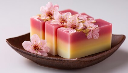 Three bars of layered soap, pastel shades,  decorated with delicate pink cherry blossoms