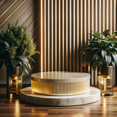 Elegant product display podium with plants and warm lighting perfect for showcasing luxury items or creating a sophisticated background for presentations and marketing