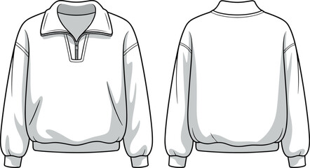 Half zip sweatshirt flat sketch, front and back view, fashion CAD template, pullover design, vector illustration, garment technical drawing.