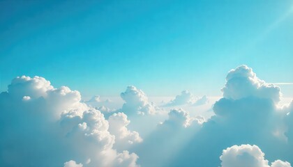 Aerial shot showcasing fluffy white clouds against a vibrant blue sky on a sunny day with bright light