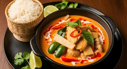 A bowl of Thai red curry with chicken and vegetables, served with steamed rice on a wooden table AI Generated