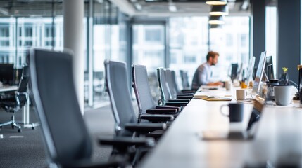 Fototapeta premium Sleek modern open-plan office with empty workstations, laptops, coffee mugs, slightly pulled-out chairs, one man working quietly, calm professional vibe, soft daylight interior