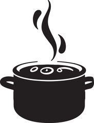 Steaming hot soup in a pot in black and white vector cartoon illustration
