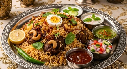 Delicious biryani dish with various accompaniments, garnished with fresh herbs and eggs, served on a decorative silver platter. AI Generated