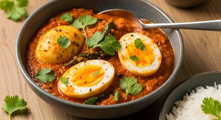 A bowl of egg curry with boiled eggs, garnished with coriander, served with rice on a wooden table. AI Generated
