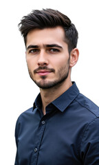 Fototapeta premium Man Casual Shirt. A young Caucasian man with short dark hair and a slight beard, wearing a dark blue collared