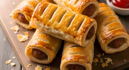 Golden-brown sausage rolls on a wooden board, with ketchup in the background, perfect for a snack or meal. AI Generated