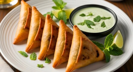 Crispy samosas on a white plate with a side of green chutney and fresh herbs, garnished with lime wedges. AI Generated