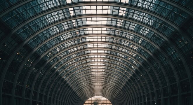 Arched, glass-domed tunnel perspective