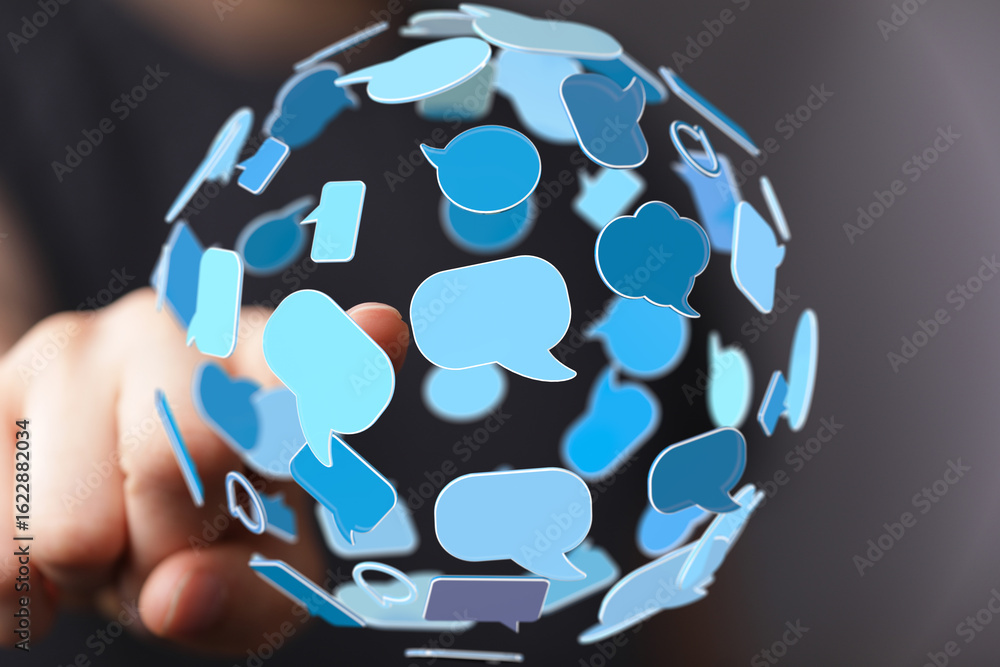 Poster abstract image of a digital sphere filled with speech bubbles, symbolizing global communication and 