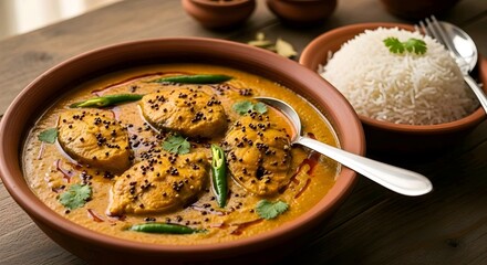 A bowl of curry with rice and a spoon, served in clay bowls on a wooden table, garnished with herbs. AI Generated