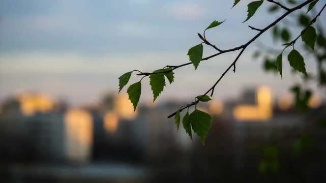 Branch with green birch leaves in sunlight against city skyline.