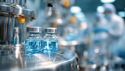 Pharmaceutical vials on stainless steel machinery in a clean room