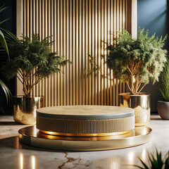 Elegant product display podium with golden accents and lush green plants against a modern textured backdrop for luxury product showcasing