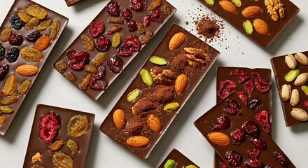 Assorted chocolate bars with various nuts and dried fruits arranged on a white surface, showcasing diverse toppings. AI Generated