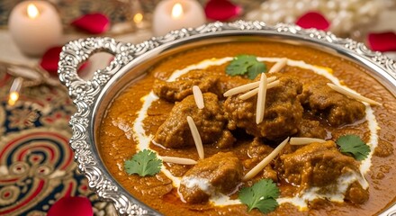Rich, creamy curry with tender meat, garnished with herbs and cream, served in an ornate silver dish. AI Generated