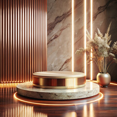 Elegant Product Display Podium with Marble Background and Decorative Lighting for Luxury Branding and Presentation in a Modern Studio Setting