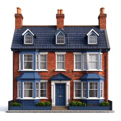 3d cartoon british terraced house with brick walls, bay windows, chimney, symmetrical façade, classic city rowhouse style.