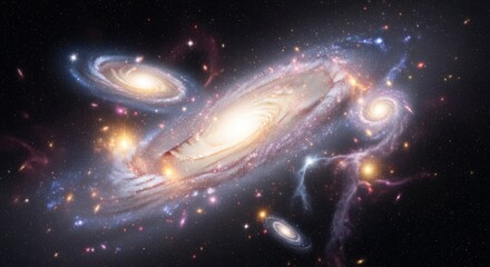 Fototapeta premium Vast Galaxy with Bright Spiral Galaxies and Colorful Nebulae in Deep Space
