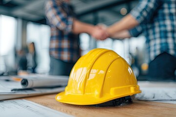 Business colleagues shaking hands, safety helmet on a desk
