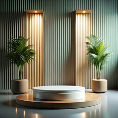 Elegant Product Display Podium with Tropical Plants and Modern Wall Design for Showcase and Presentation in a Minimalist Aesthetic Environment