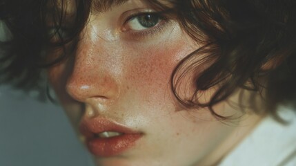Close-up portrait of a young woman with freckles, showcasing skin texture