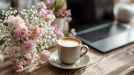 Fototapeta premium A cozy coffee scene featuring a cup of espresso beside a floral arrangement on a wooden table