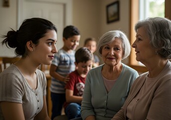 Obraz premium Family Gathering Multi-generational portrait, senior women, young woman, children, joyful indoor reunion, home, togetherness.
