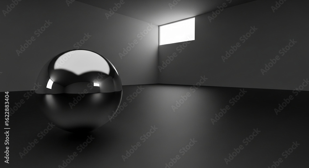 Poster shiny sphere in dark room, illuminated by single light source, showcasing minimalist product display