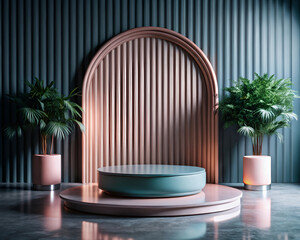 Elegant Product Display Podium with Arch Backdrop and Lush Green Plants Ideal for Showcasing Cosmetics Jewelry or Other Luxury Items in a Sophisticated