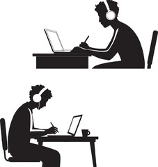 People working remotely on laptops with headphones in black and white vector illustration ideal for freelancing studying online classes tech work from home education and digital lifestyle themes