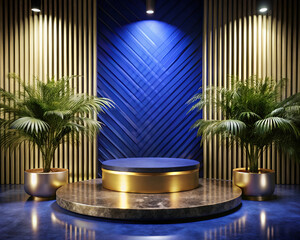 Elegant product display podium with a blue velvet top and gold accents against a modern textured backdrop and green plants