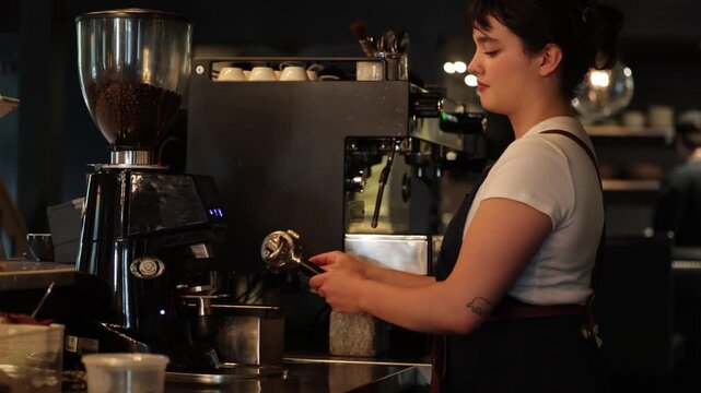 Serveuse pr&eacute;parant un caf&eacute; dans un restaurant &eacute;l&eacute;gant