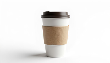 Isolated white paper coffee cup with a brown plastic lid and cardboard sleeve on a clean white background for mockup purposes