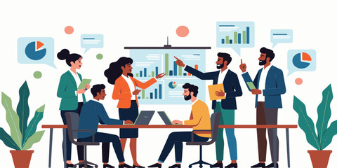 A vector illustration shows a silhouette of a group of business people sitting at a table for a meeting, discussing global business and teamwork