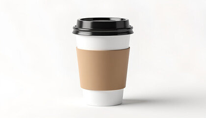 A white paper coffee cup with a black lid and brown sleeve isolated on a clean white background in a studio shot