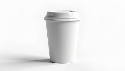 Minimalist White Coffee Cup with Lid on White Background Perfect for Mockups and Design Projects Highlighting Simplicity and Cleanliness in Beverage Presentation