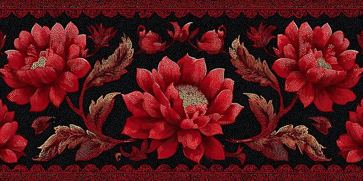 Rich red floral pattern with ornate gold and black accents