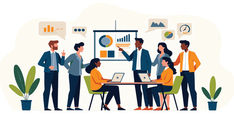 A silhouette vector illustration showing a diverse team of business people working together in a circle, symbolizing communication and success