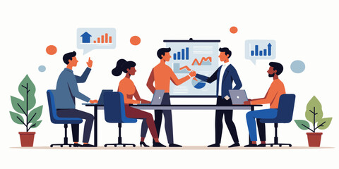 Vector cartoon illustration of diverse business people successfully working together as a team in an office meeting presenting a concept map