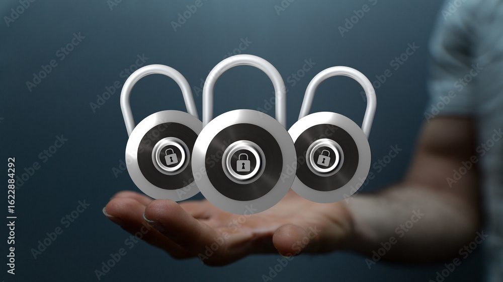Poster image of three padlocks on a hand, symbolizing data security and protection.