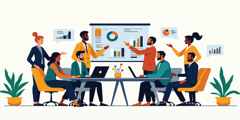 Successful business people work together as a team, collaborating on a project with a laptop and computer to achieve their goals