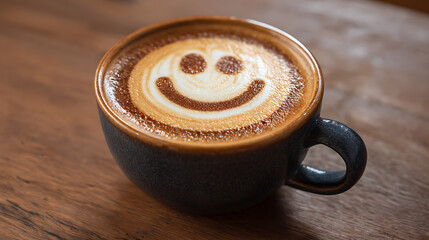 A close-up of a smiling latte art coffee in a dark ceramic cup on a wooden table