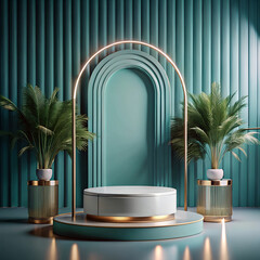 Elegant Product Display Podium with Teal Accents Golden Arch and Tropical Plants for Luxury Branding and Presentation in a Modern Studio Setting