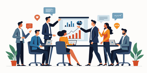 A team of diverse business people stands together with a chart, symbolizing success and teamwork in a global market