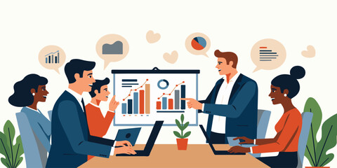 Business team meeting in a modern office with a boss communicating with successful workers on a graph illustration