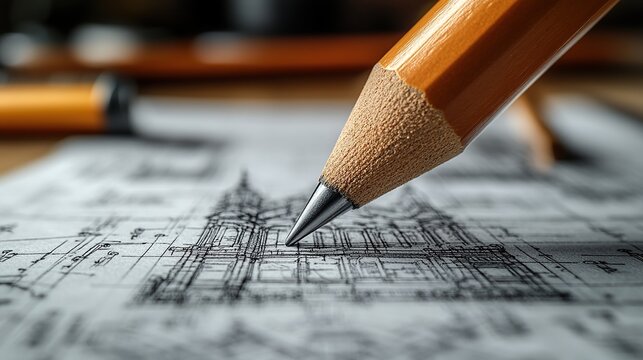 Detailed macro shot capturing a wooden pencil poised over a vintage hand drawn architectural sketch representing the fusion of traditional artistry history and meticulous design craftsmanship