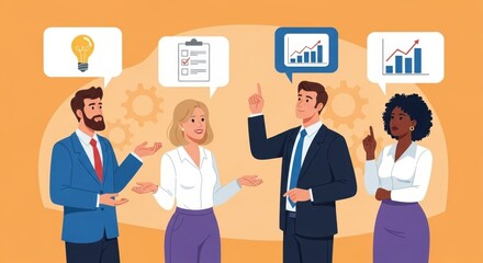 Group discusses ideas charts lightbulb checklist on orange backdrop